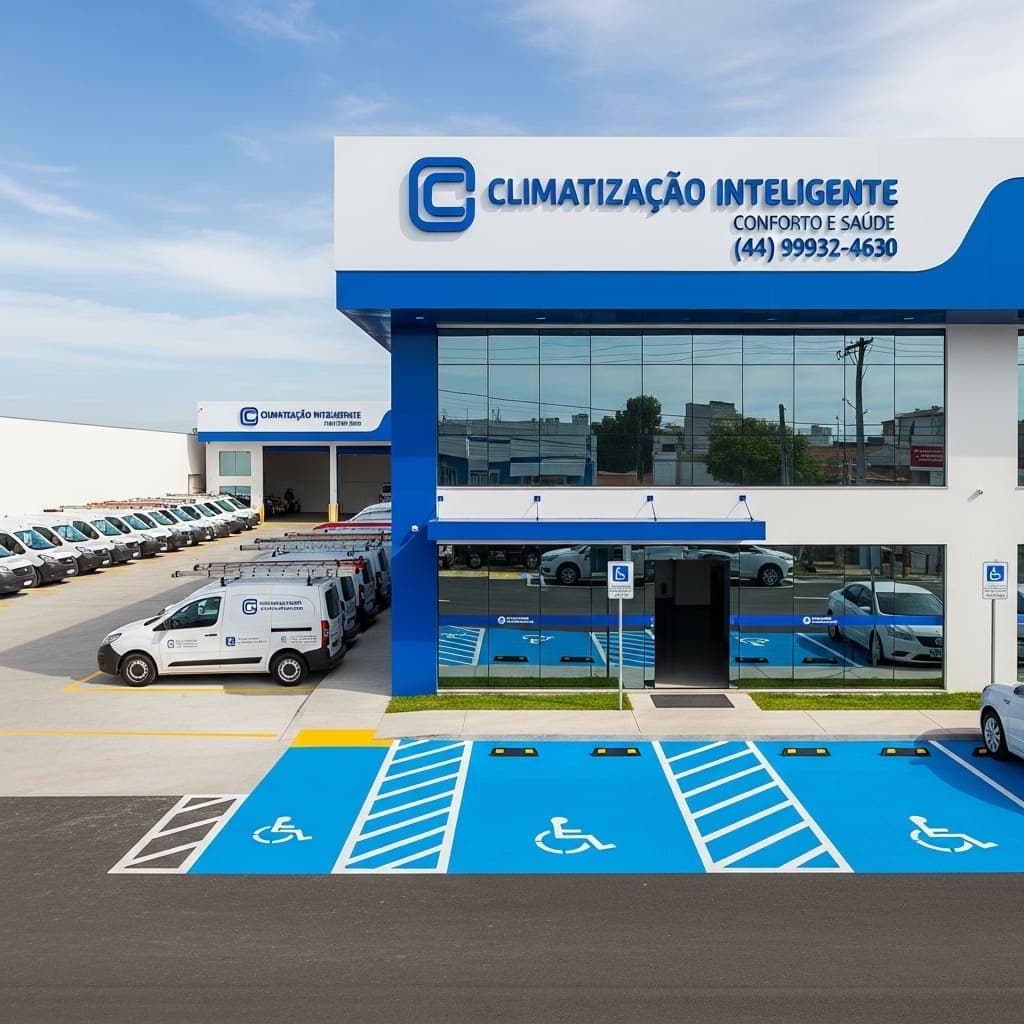 Fachada profissional da Climatizar Ar Condicionado em Blumenau com logo e veículos da empresa