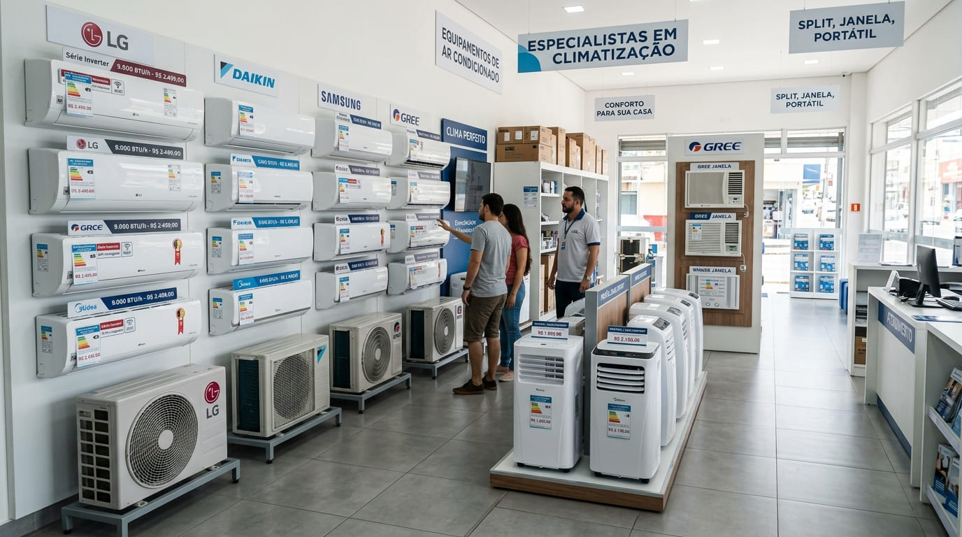 Loja com diversos aparelhos de ar condicionado split, portátil e de janela à venda
